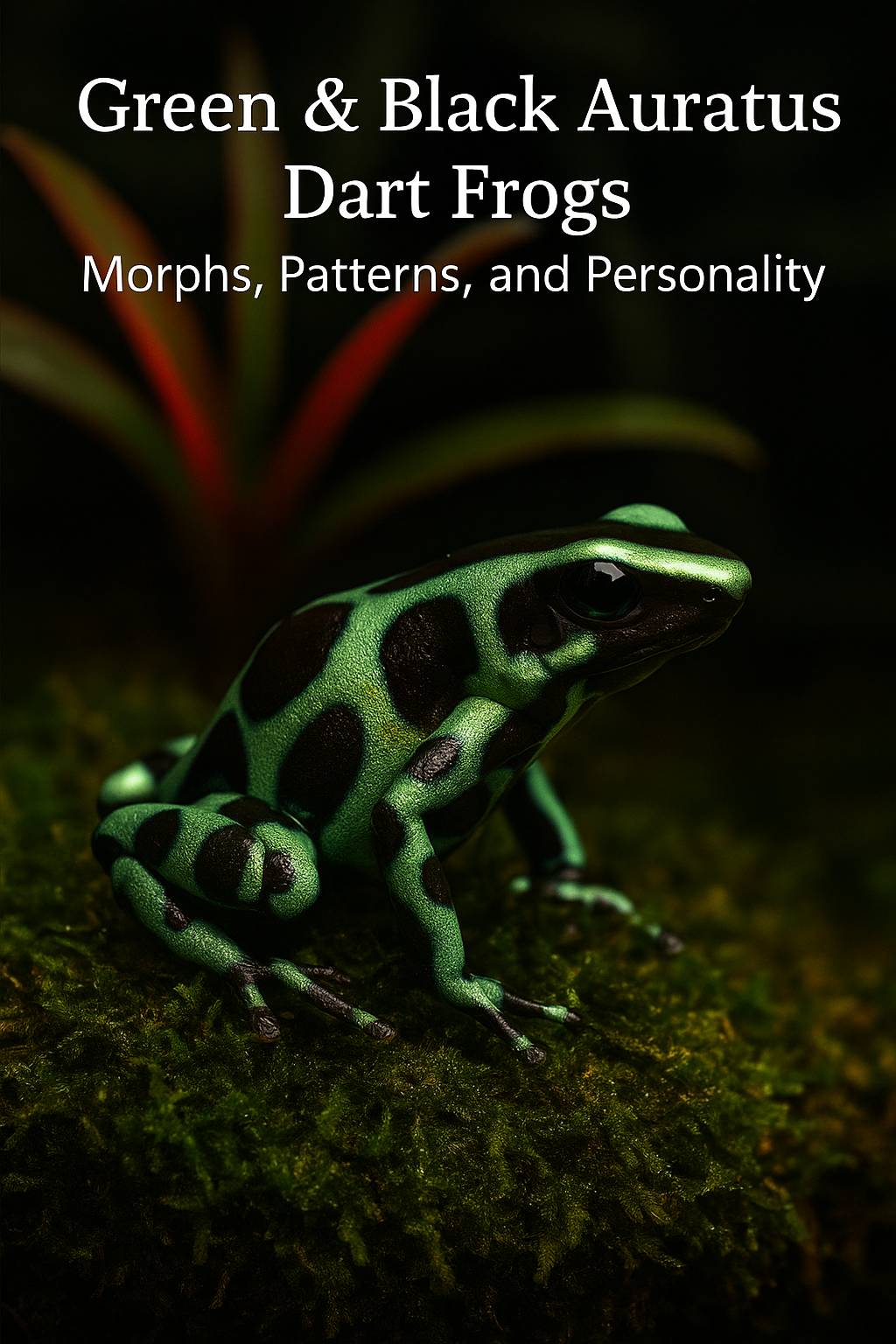 Green and black Auratus dart frog perched on moss with bromeliad background – Frogfather.co.uk