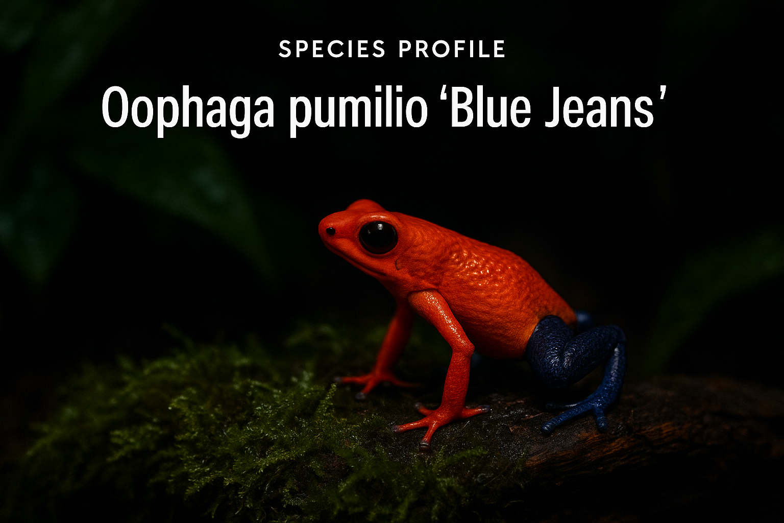 Oophaga pumilio ‘Blue Jeans’ dart frog with red body and blue back legs on moss