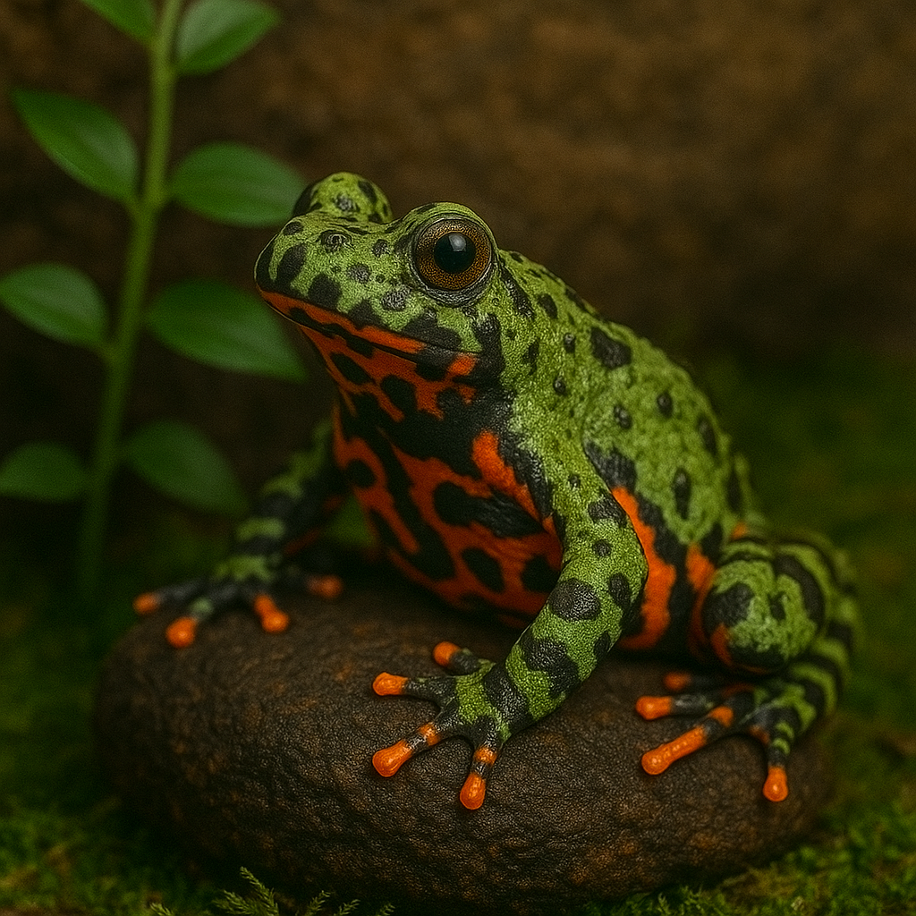 Oriental fire-bellied toad sitting on a rock above shallow water showing its orange belly