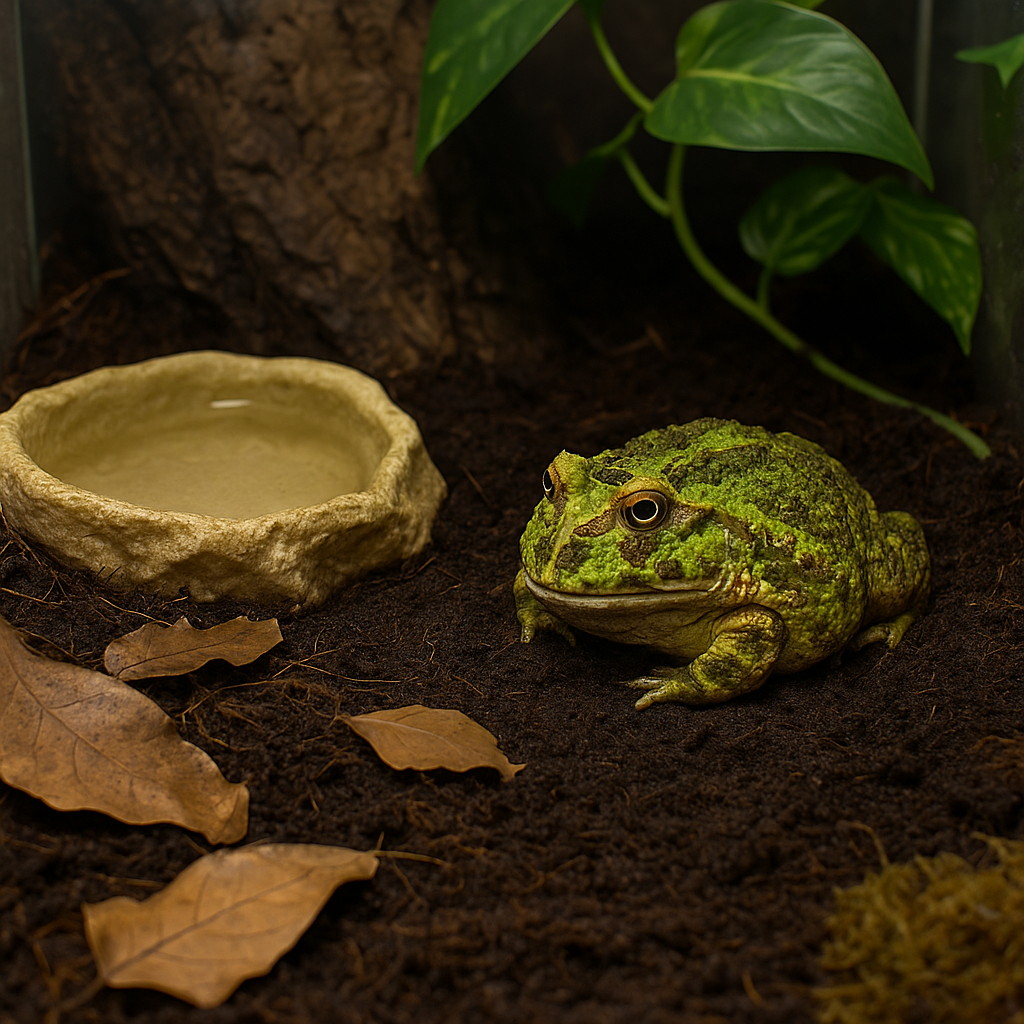 Pacman horned frog sitting half buried in damp soil in a naturalistic terrarium