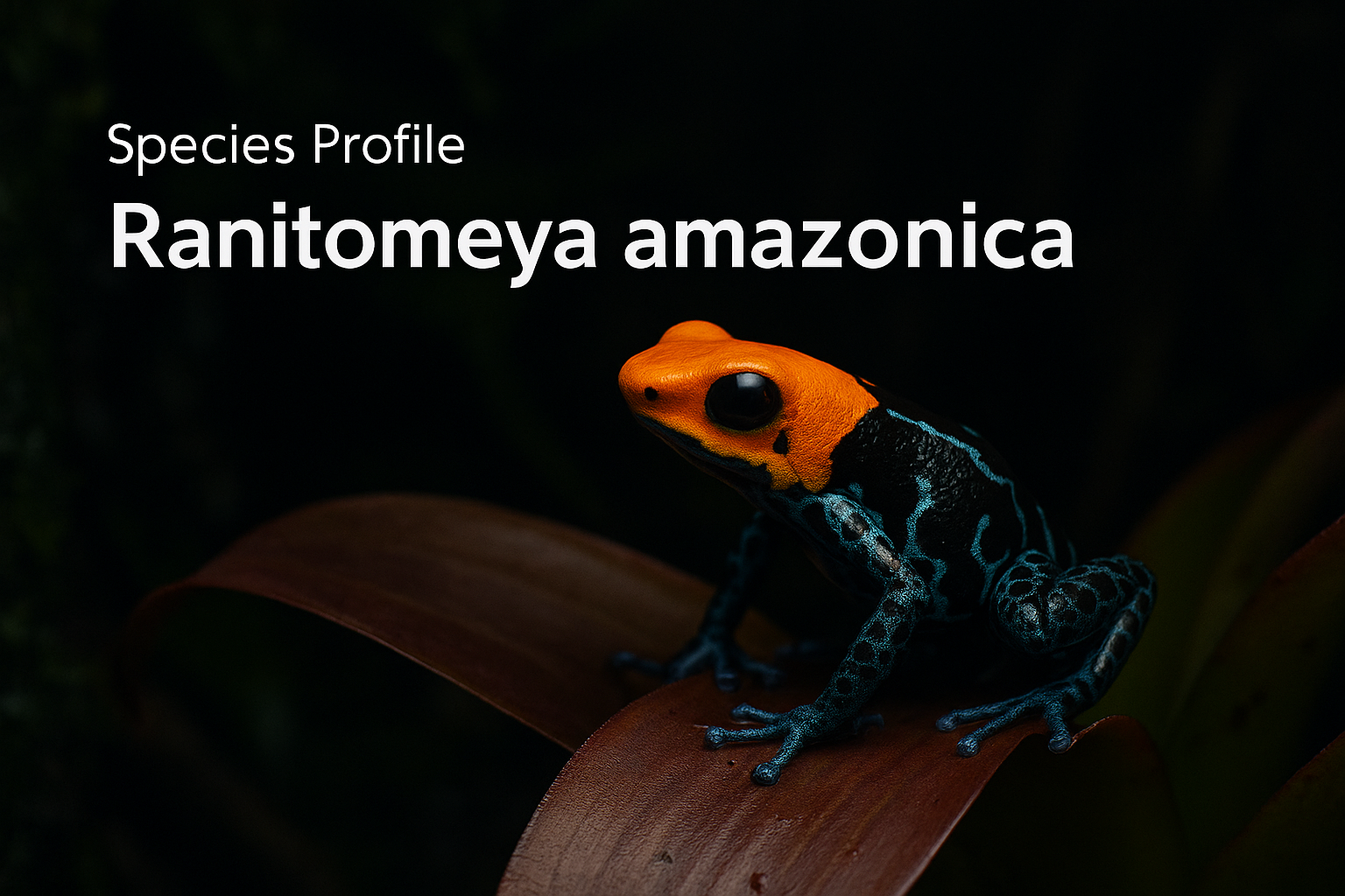 Ranitomeya amazonica dart frog on bromeliad in dark jungle vivarium