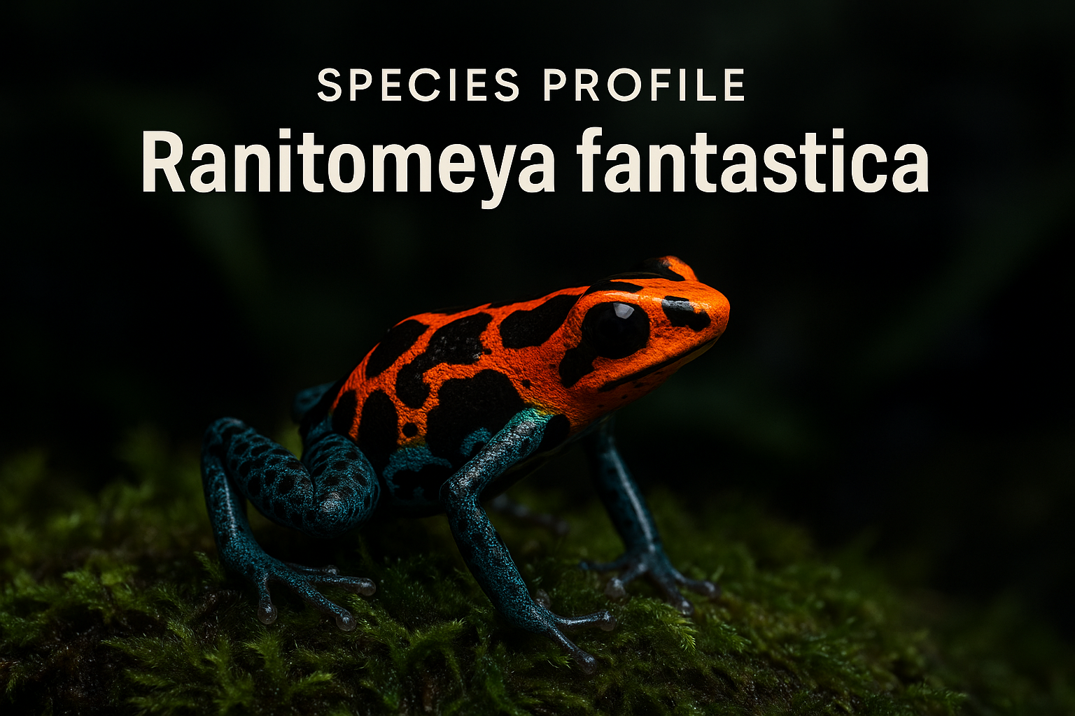 Ranitomeya fantastica dart frog with orange head and blue legs on moss in dark jungle vivarium