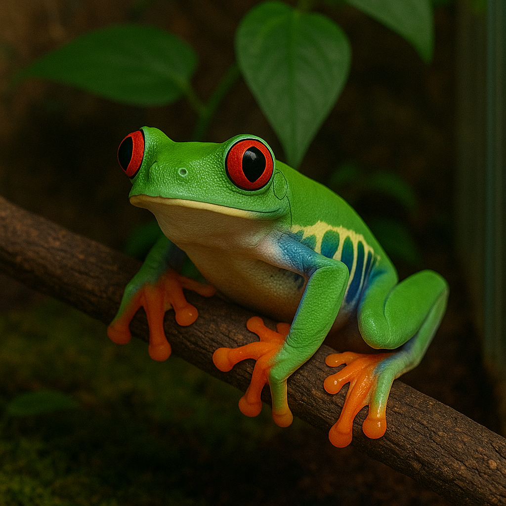 Red-eyed tree frog with bright green body and orange toes resting on a leaf