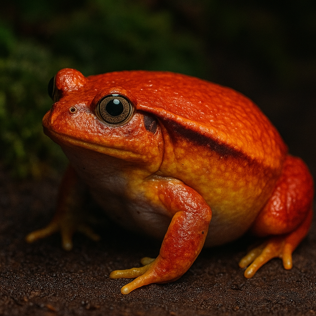 Bright orange tomato frog sitting on damp leaf litter in a forest-style terrarium