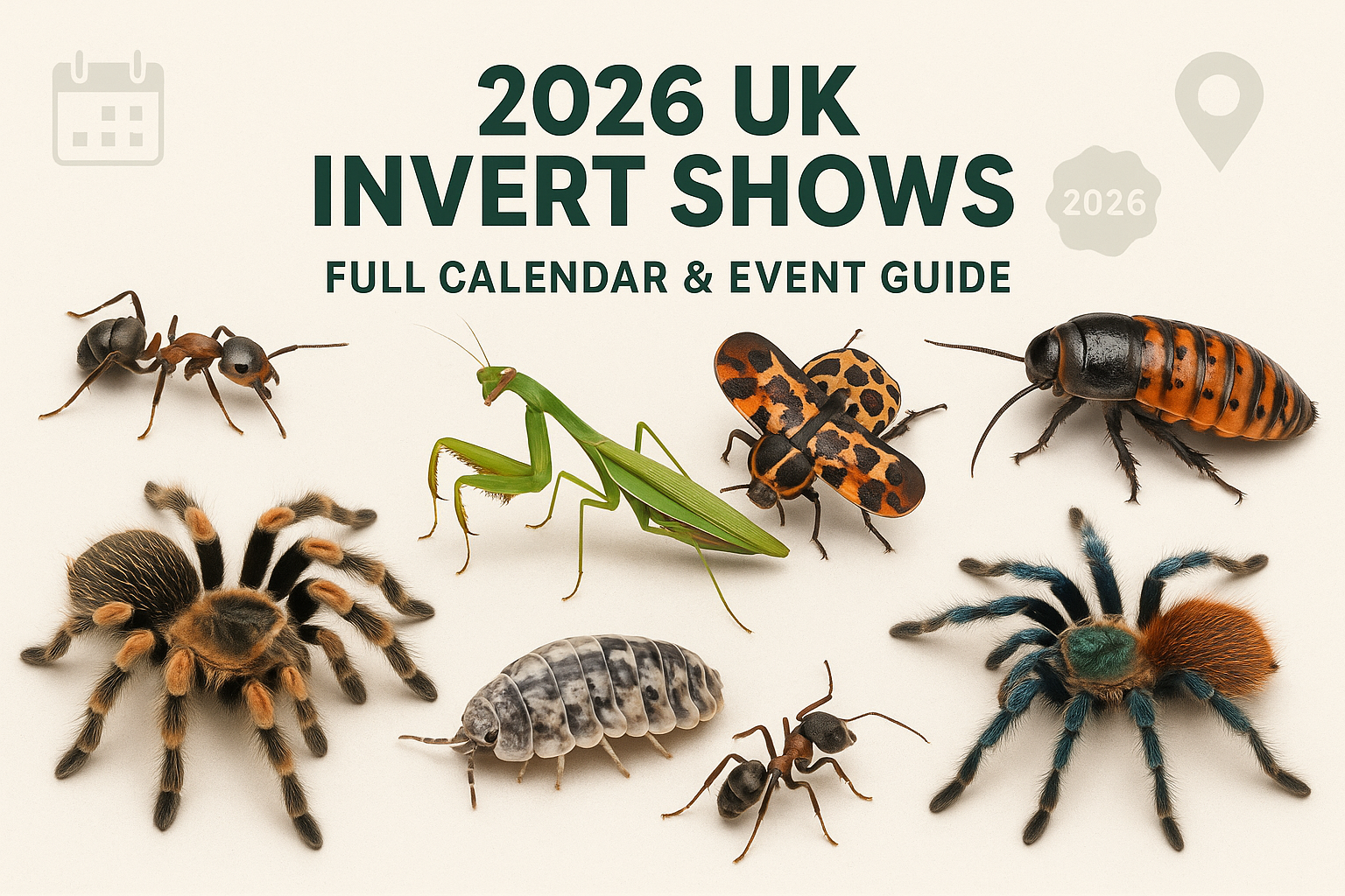 Selection of exotic invertebrates displayed at a UK invert show, including spiders, roaches and beetles.