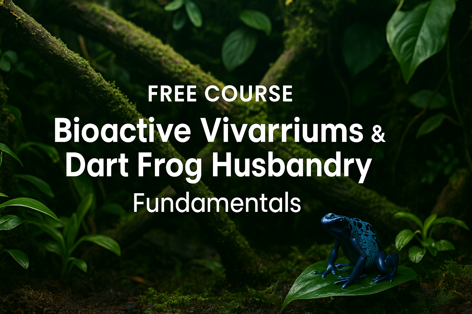 Bioactive vivarium with tropical plants and a blue dart frog on a leaf, promoting the Frogfather free course on vivarium setup and dart frog husbandry.