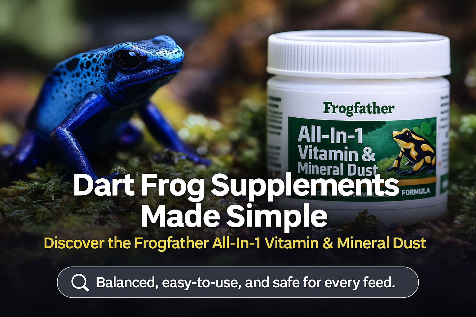 Blue dart frog sitting on moss next to Frogfather All-In-1 Vitamin & Mineral Dust supplement pot, promoting simple and balanced dart frog nutrition.