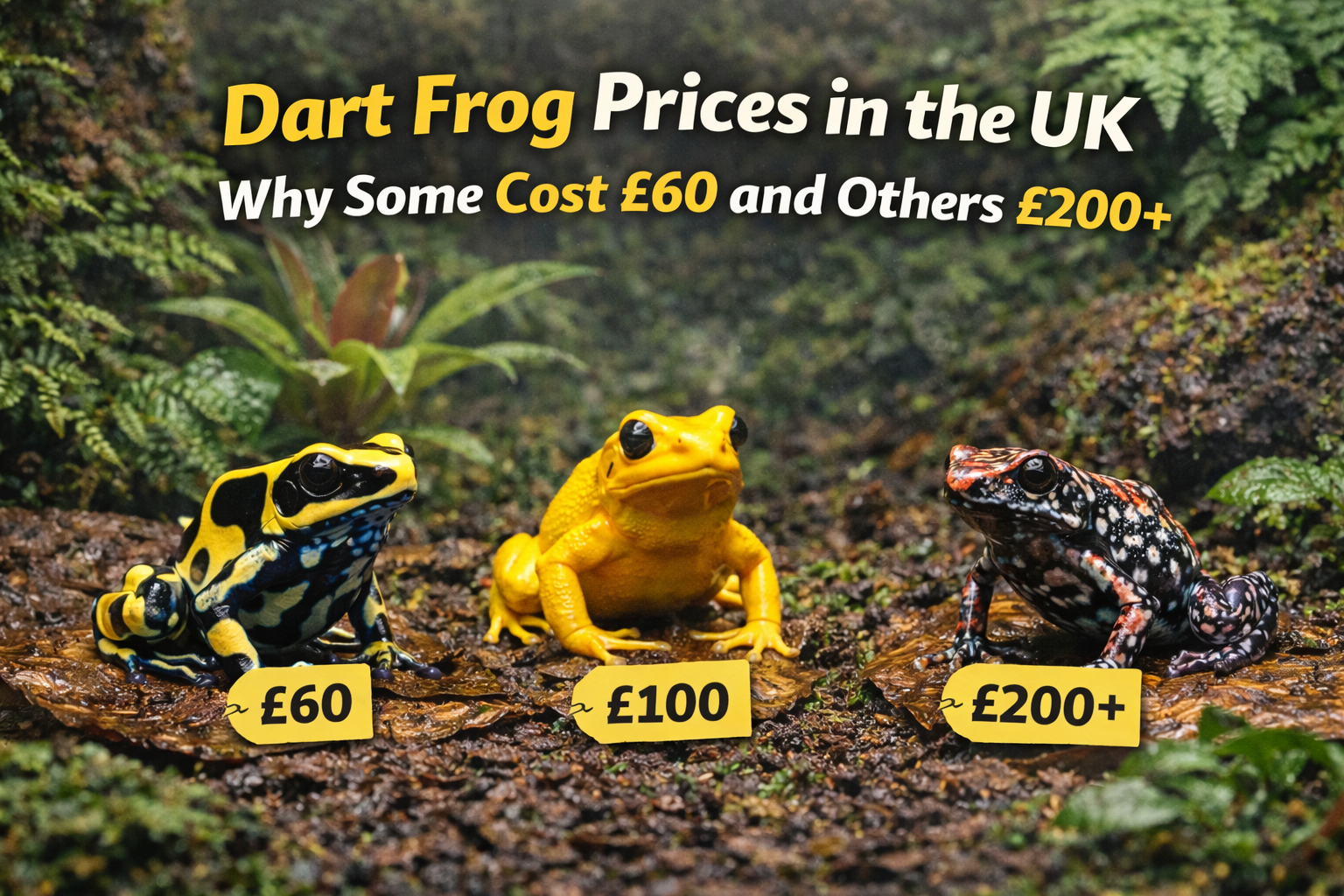 Different dart frog species shown in a planted UK bioactive vivarium to illustrate price differences