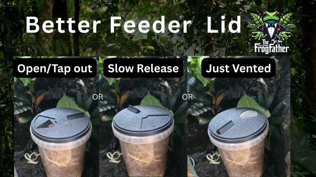 Clip-on fruit fly feeder lid showing holiday feeder, dusting tap-out, and ventilated lid modes
