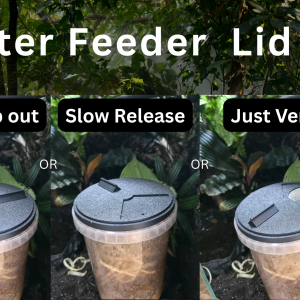 Clip-on fruit fly feeder lid showing holiday feeder, dusting tap-out, and ventilated lid modes
