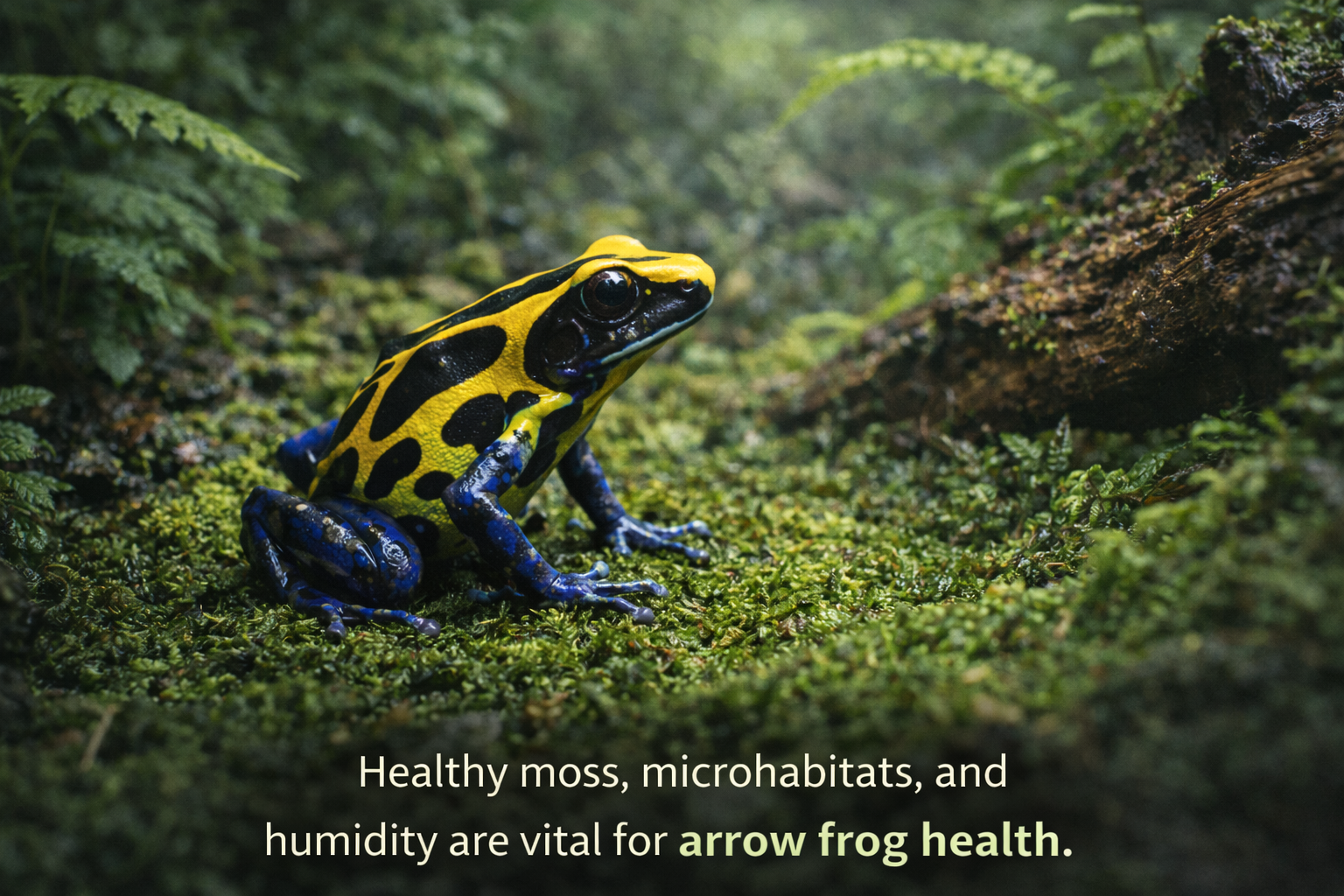 A poison dart frog sitting on healthy green moss in a humid microhabitat, showing why moss and moisture are essential for arrow frog health