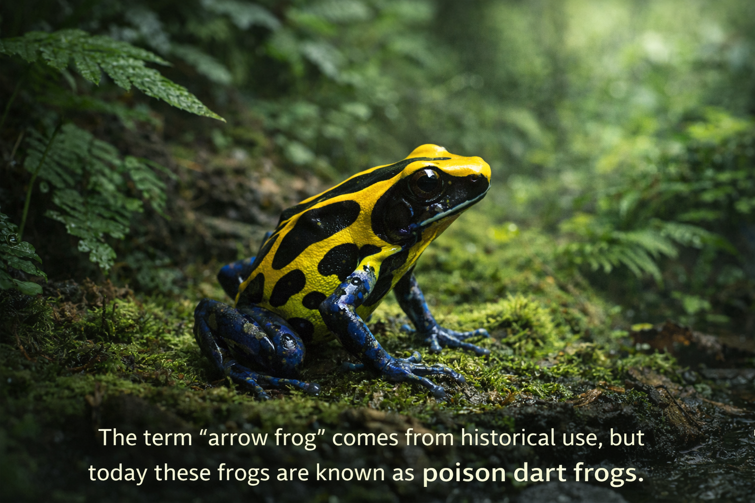 A brightly coloured poison dart frog on a mossy forest floor representing the history behind the term arrow frogs