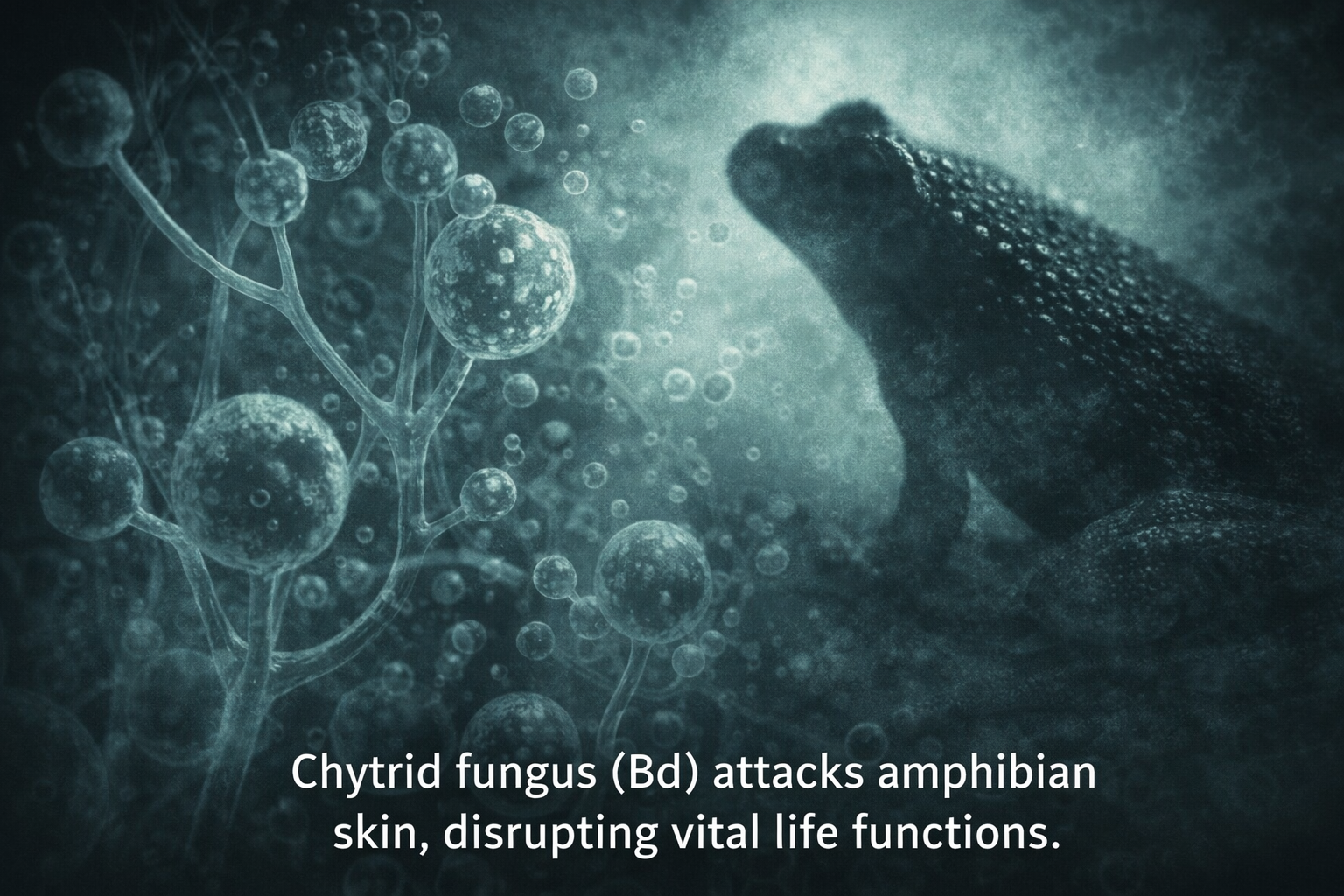 Microscopic view of fungal spores overlaid with a frog silhouette to represent chytrid infection