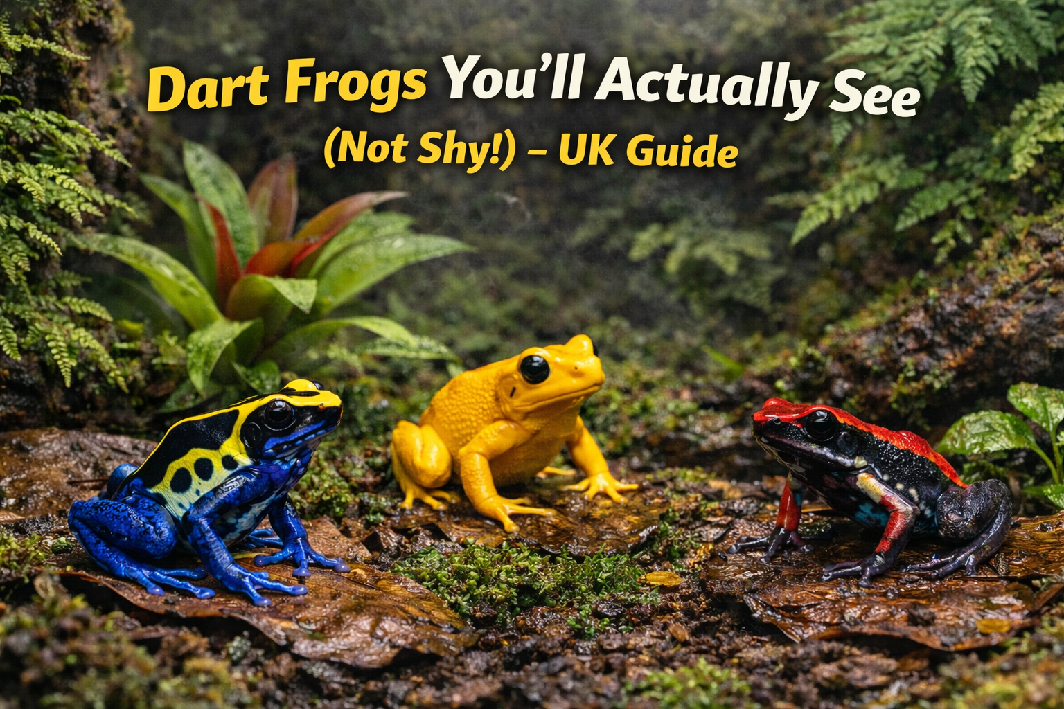 Visible dart frogs shown confidently in a planted UK bioactive vivarium