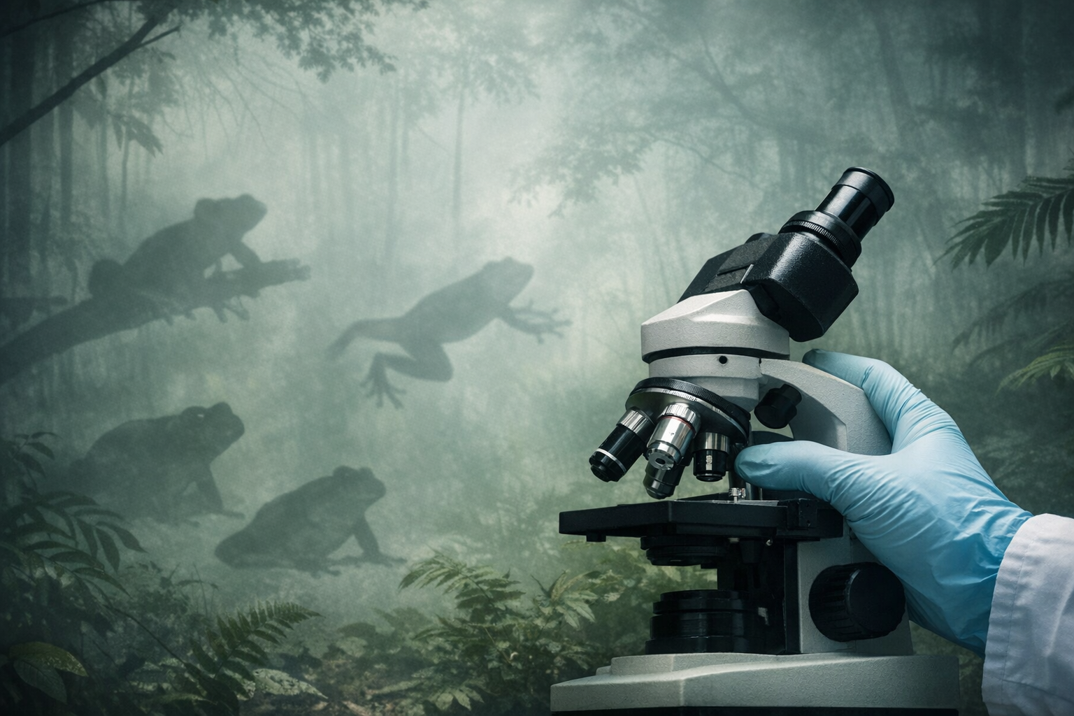 A microscope held in a gloved hand in a misty rainforest with frog silhouettes fading in the background