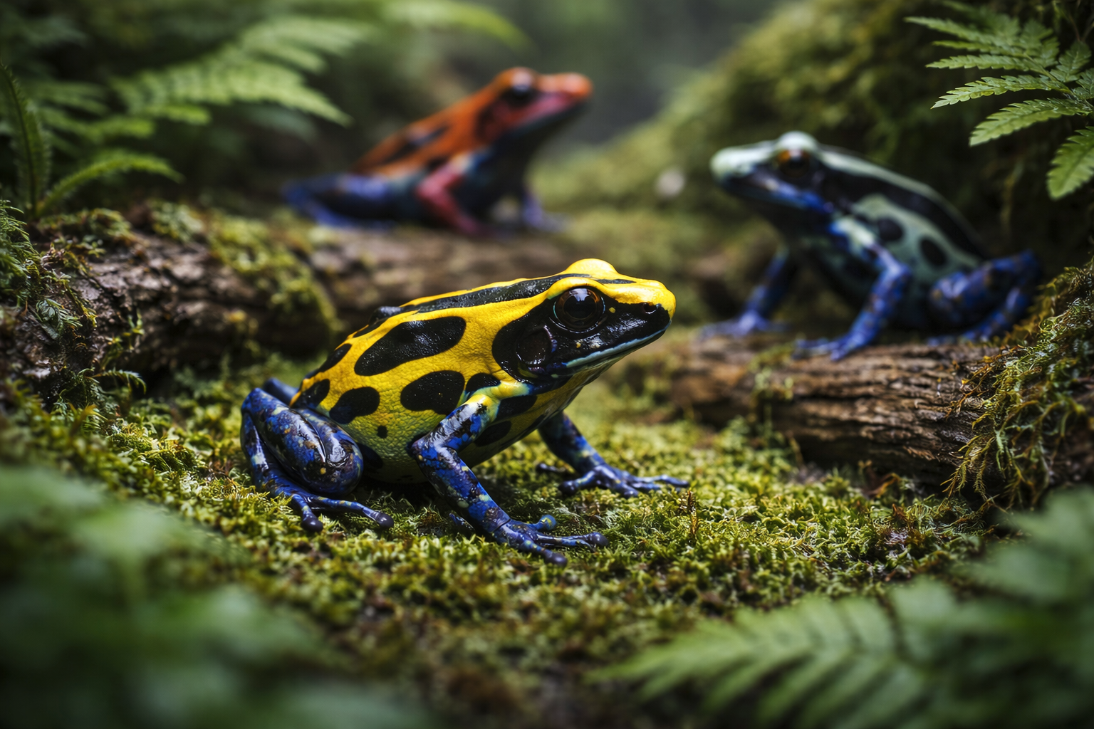 A group of poison dart frogs resting on lush moss in a bioactive vivarium, illustrating healthy arrow frogs supported by proper nutrition, habitat, and supplements