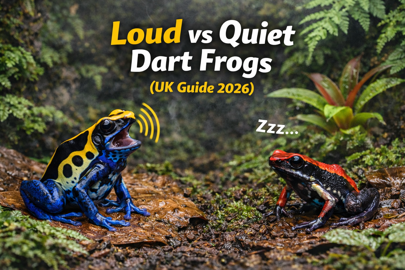 Loud and quiet dart frogs shown side by side in a planted UK bioactive vivarium