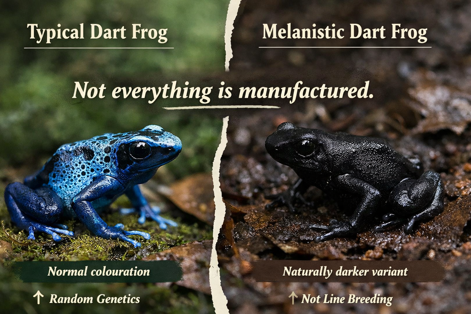 Comparison showing a typical brightly coloured dart frog alongside a melanistic dart frog, illustrating natural genetic variation rather than selective line breeding