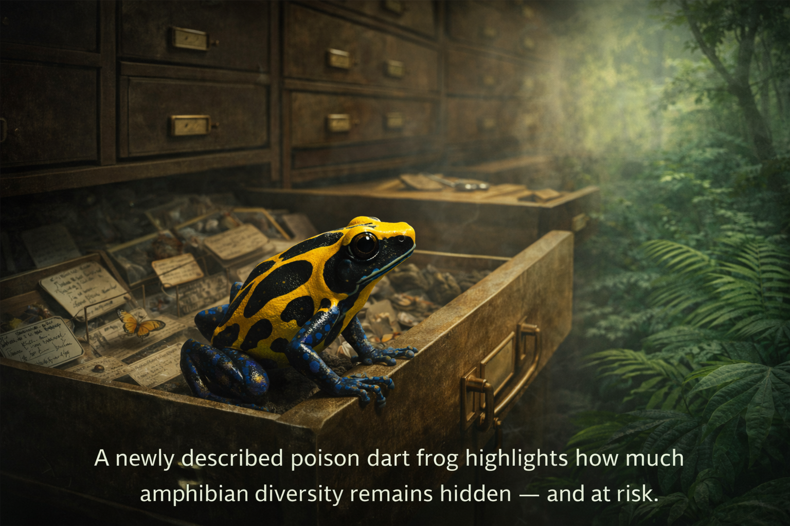 Illustration of a brightly coloured poison dart frog emerging from a museum drawer, representing a species discovered decades after collection