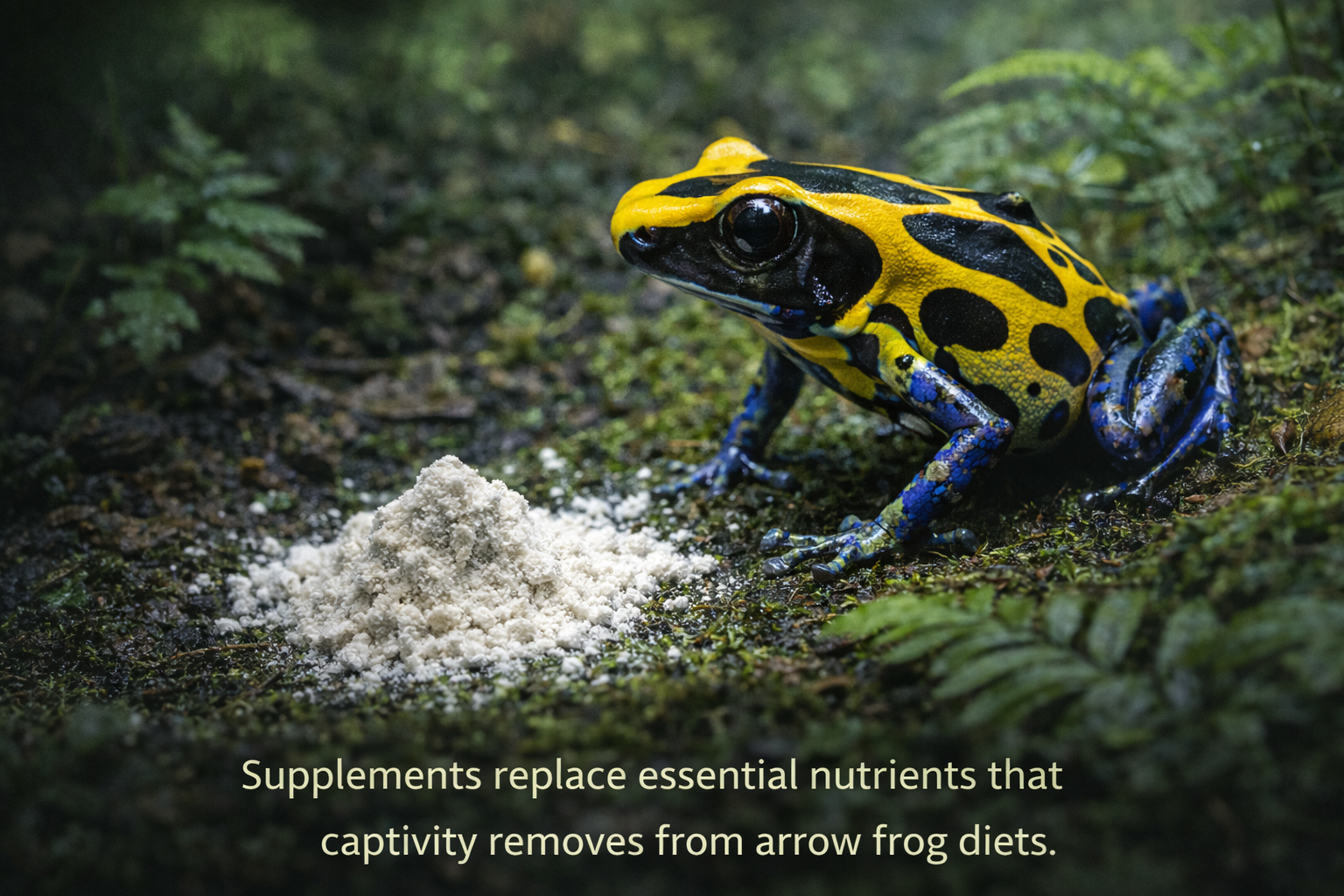 A poison dart frog beside supplement powder on a mossy forest floor, illustrating the importance of vitamins and minerals for arrow frogs in captivity