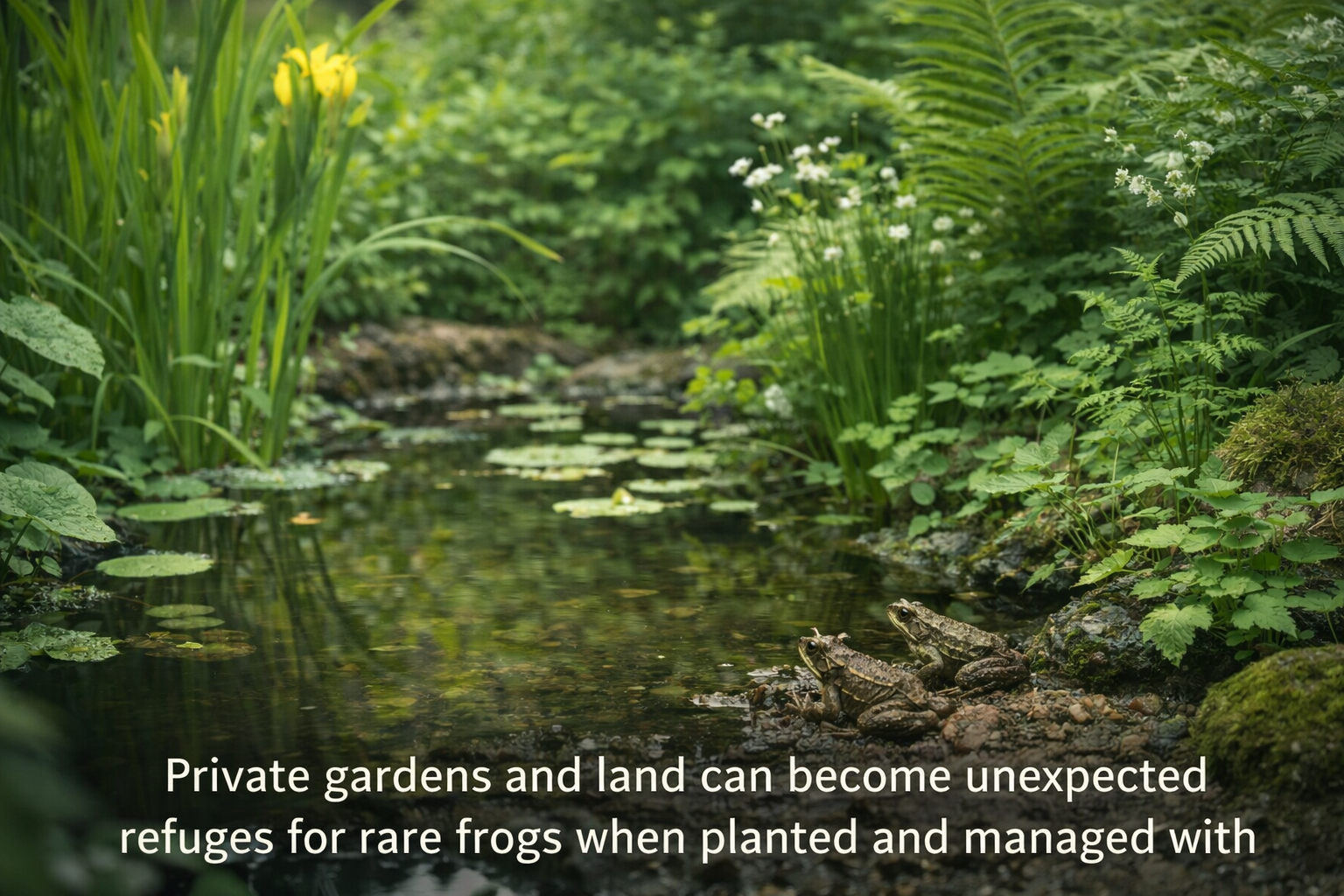 A garden pond surrounded by dense plants with frogs resting at the water’s edge, showing how private land can act as a refuge for amphibians