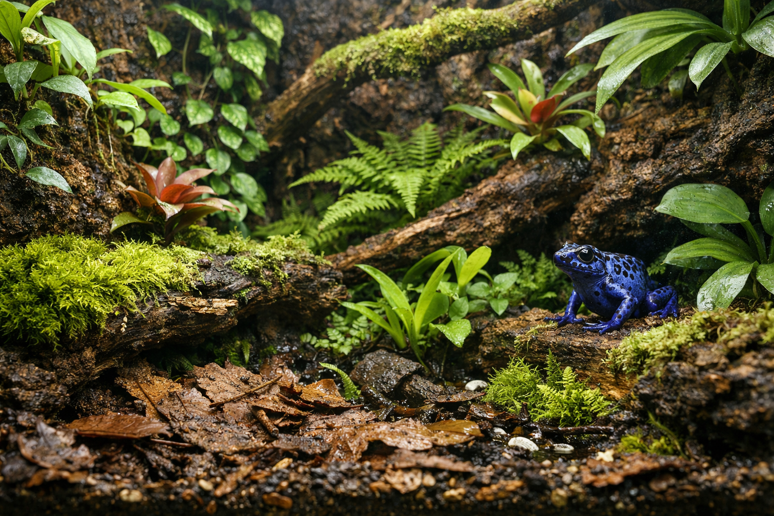 Established bioactive dart frog vivarium with live plants, moss, leaf litter and clean-up crew