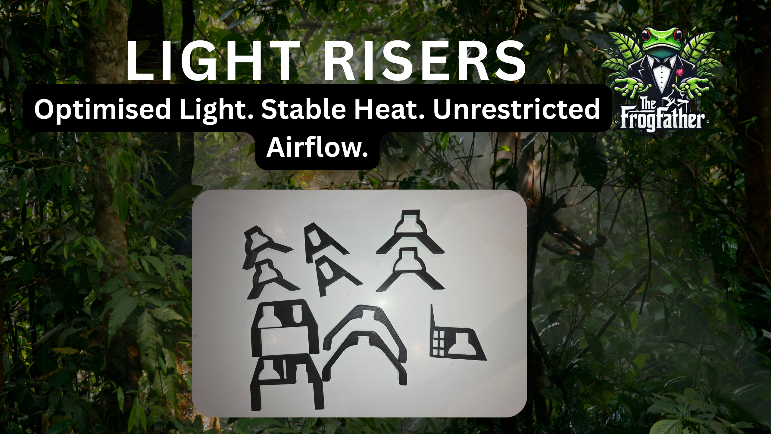 Selection of 3D printed vivarium light riser variants designed for Arcadia T5 and Jungle Dawn LED lighting systems