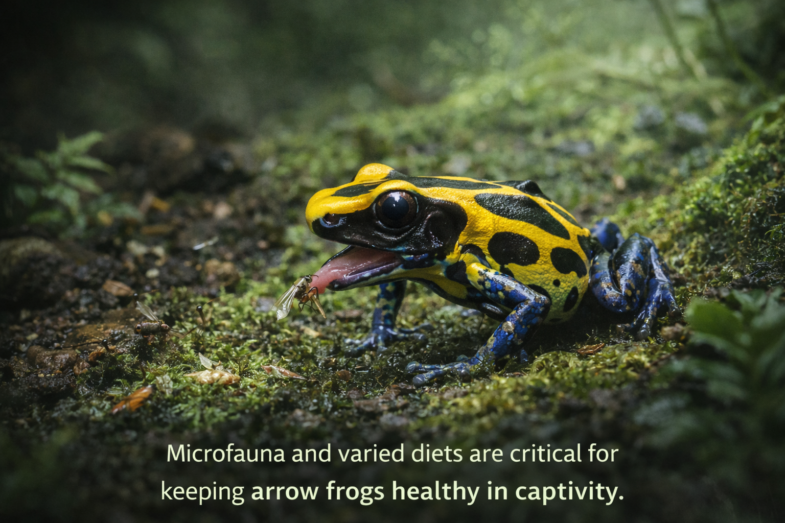 A poison dart frog catching a fruit fly on a mossy forest floor, showing how arrow frogs feed on small insects and microfauna in captivity