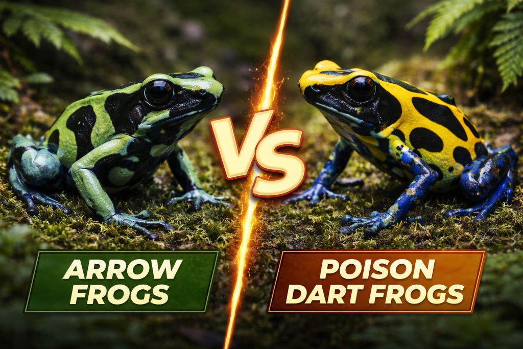 A brightly coloured poison dart frog on a mossy forest floor representing the history behind the term arrow fro