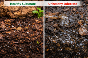 Healthy vs unhealthy bioactive vivarium substrate comparison showing proper airflow and anaerobic compaction