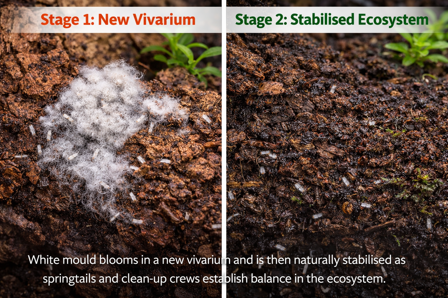 Side by side comparison of new vivarium white mould bloom and stabilised bioactive substrate with active springtails