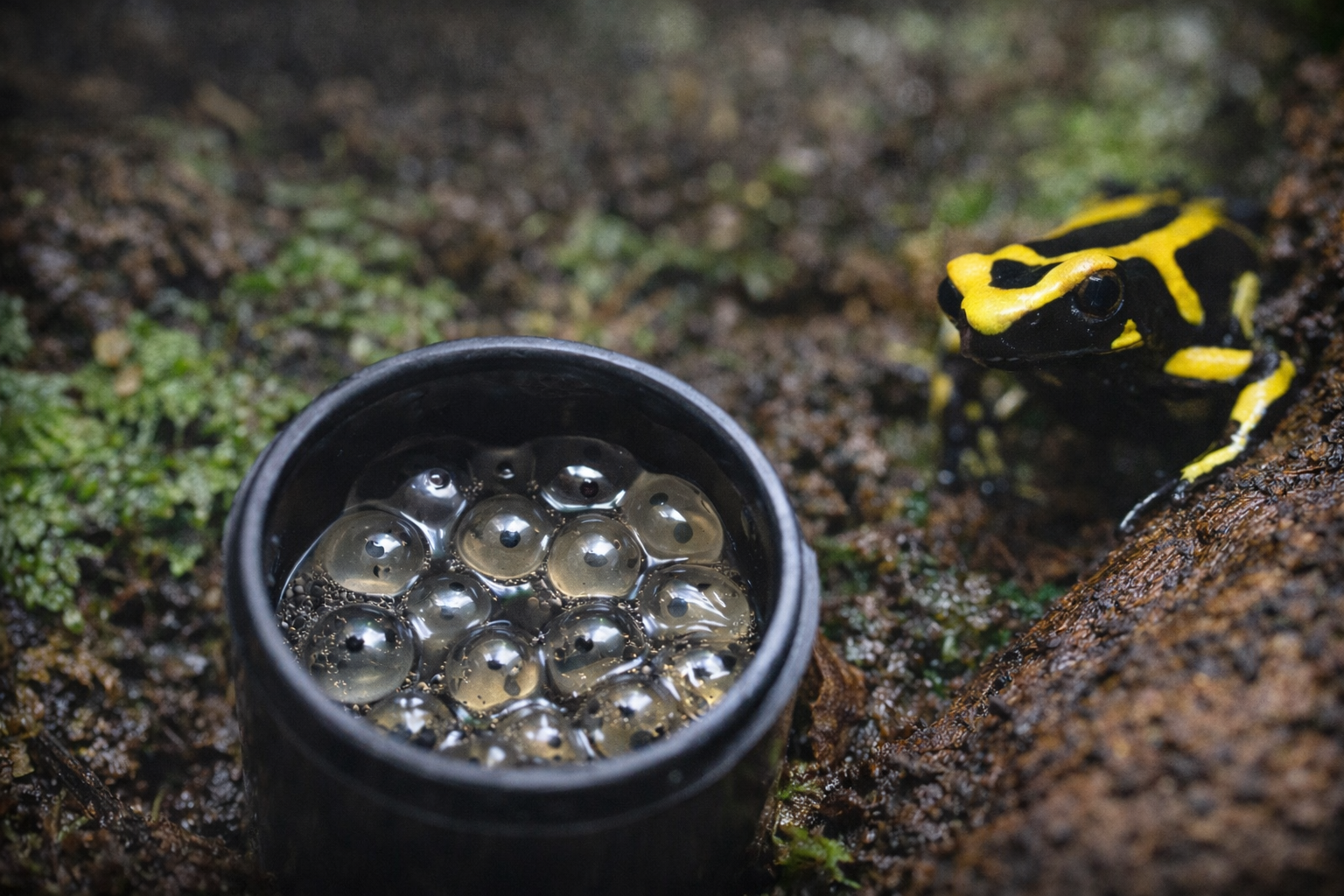 Clutch of dart frog eggs in a film canister inside a bioactive vivarium with adult poison dart frog nearby.
