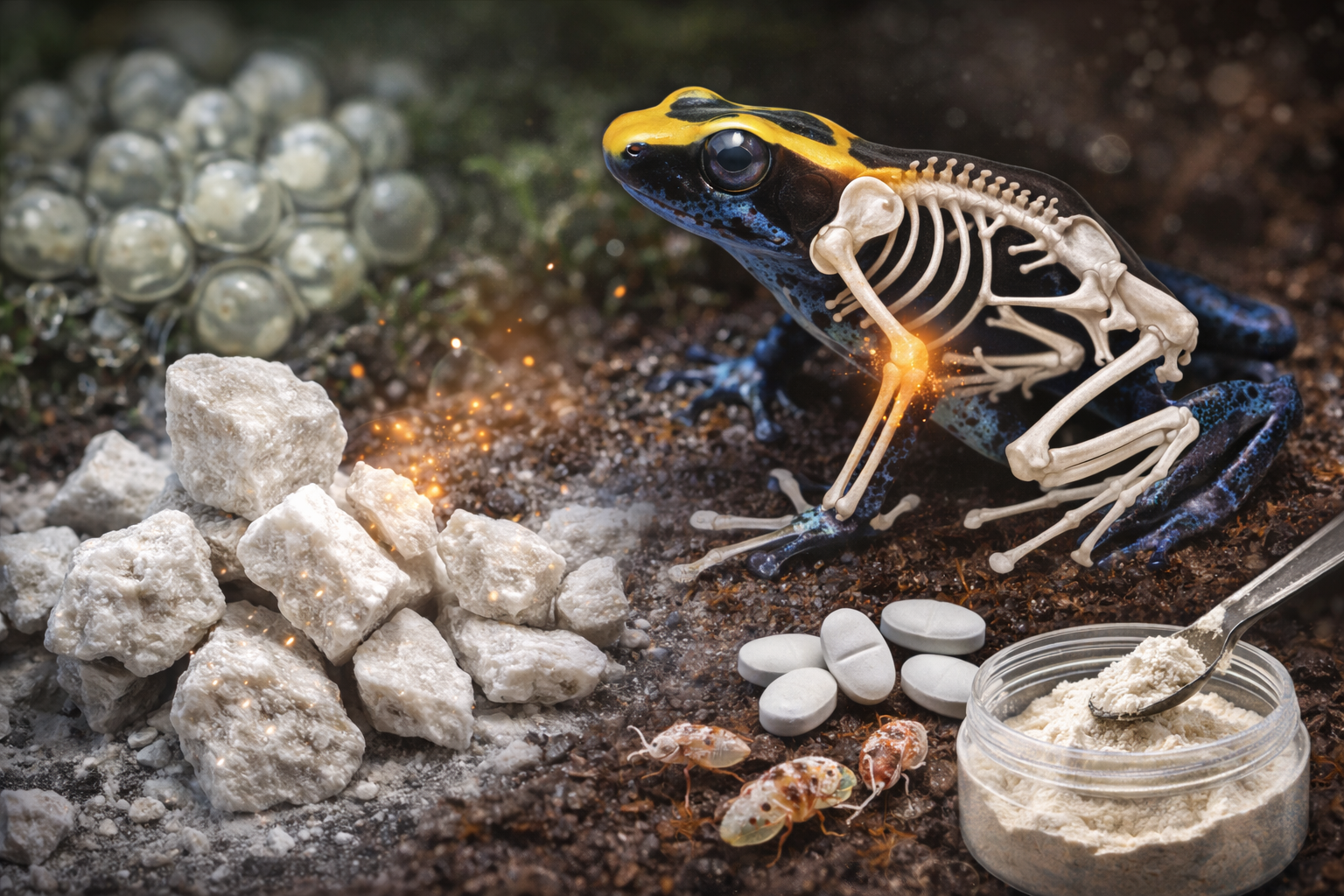Illustration showing a dart frog with skeletal overlay highlighting calcium metabolism and bone development.