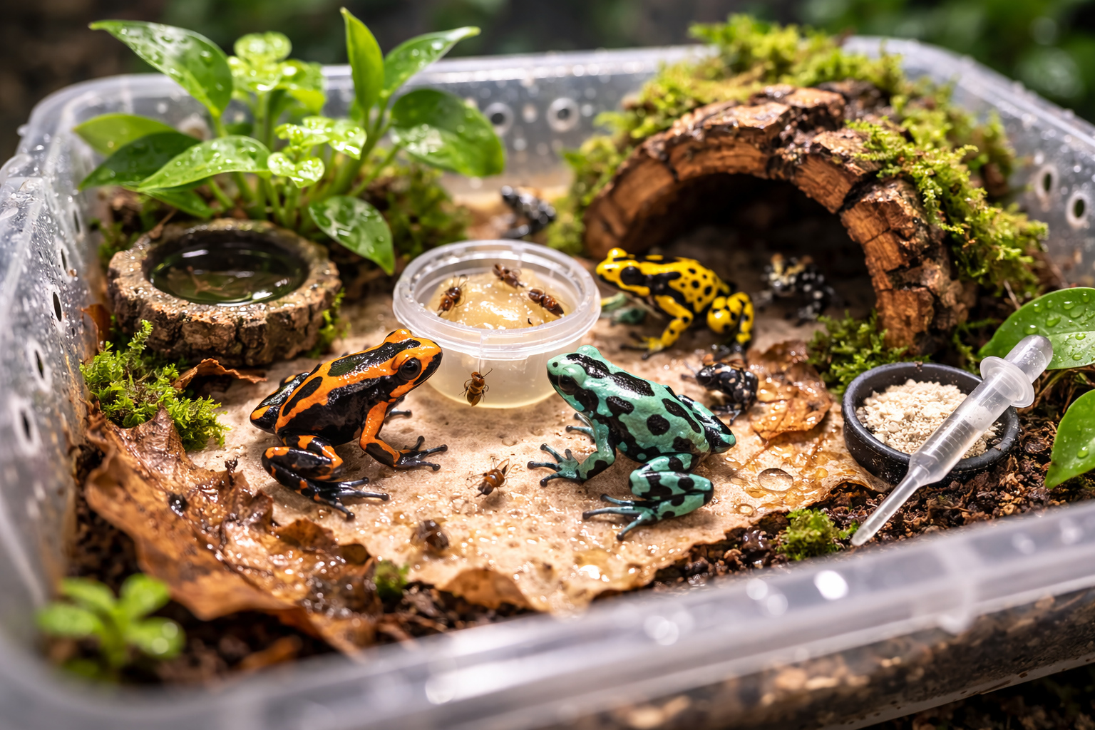 Dart frog froglets inside a ventilated grow-out tub with damp substrate, feeding dish and moss setup.