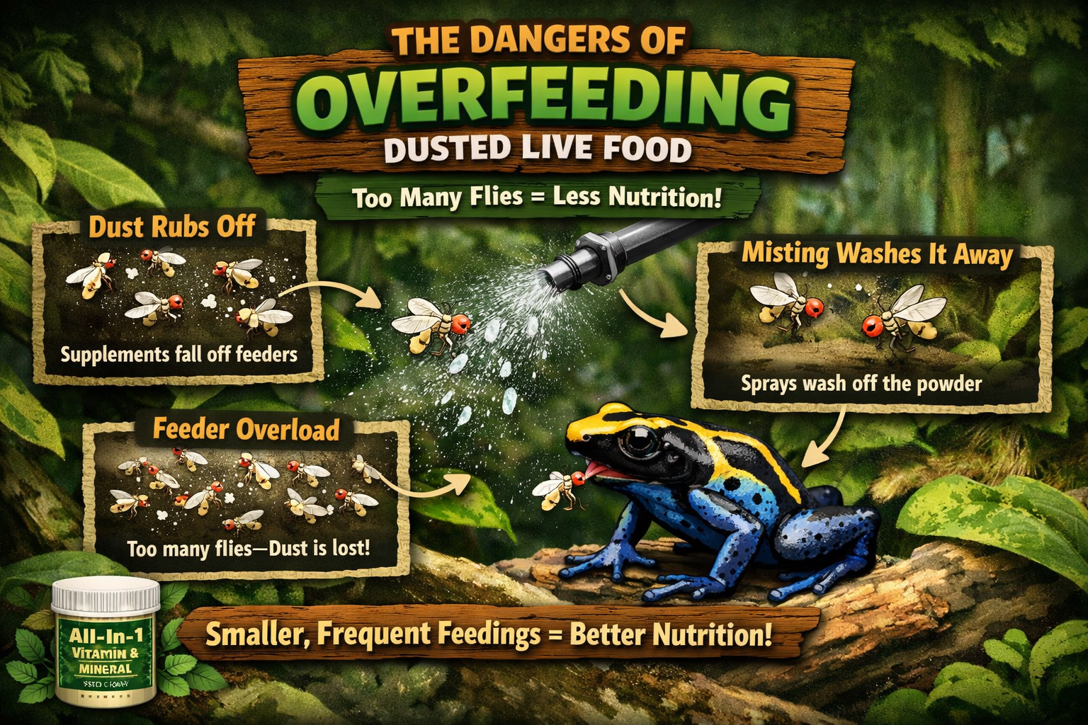 Infographic showing the dangers of overfeeding dart frogs with dusted fruit flies, explaining how supplement powder rubs off or is washed away by misting systems.