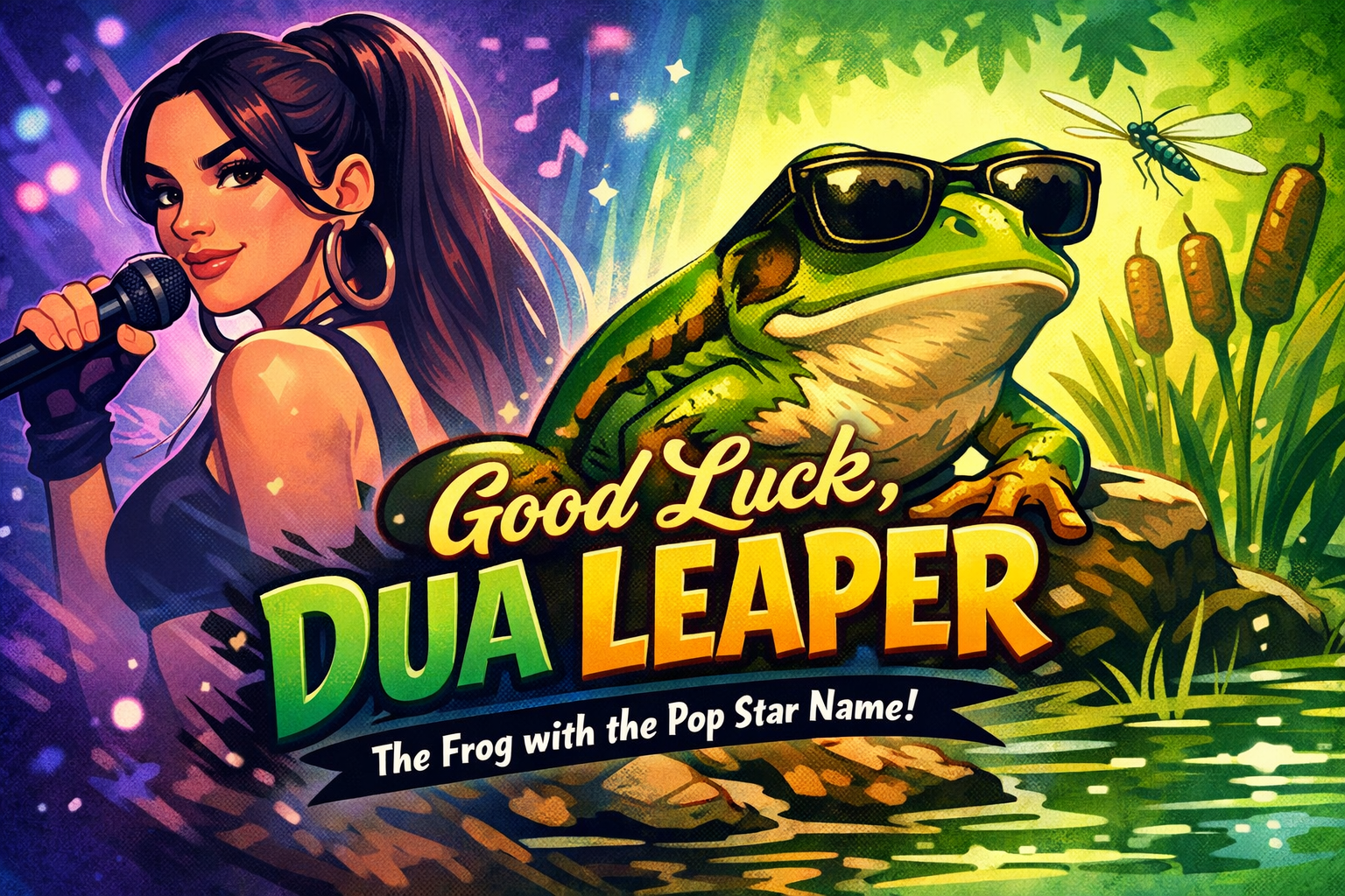 Illustrated frog wearing sunglasses for a funny featured post about the Dua Leaper frog conservation story