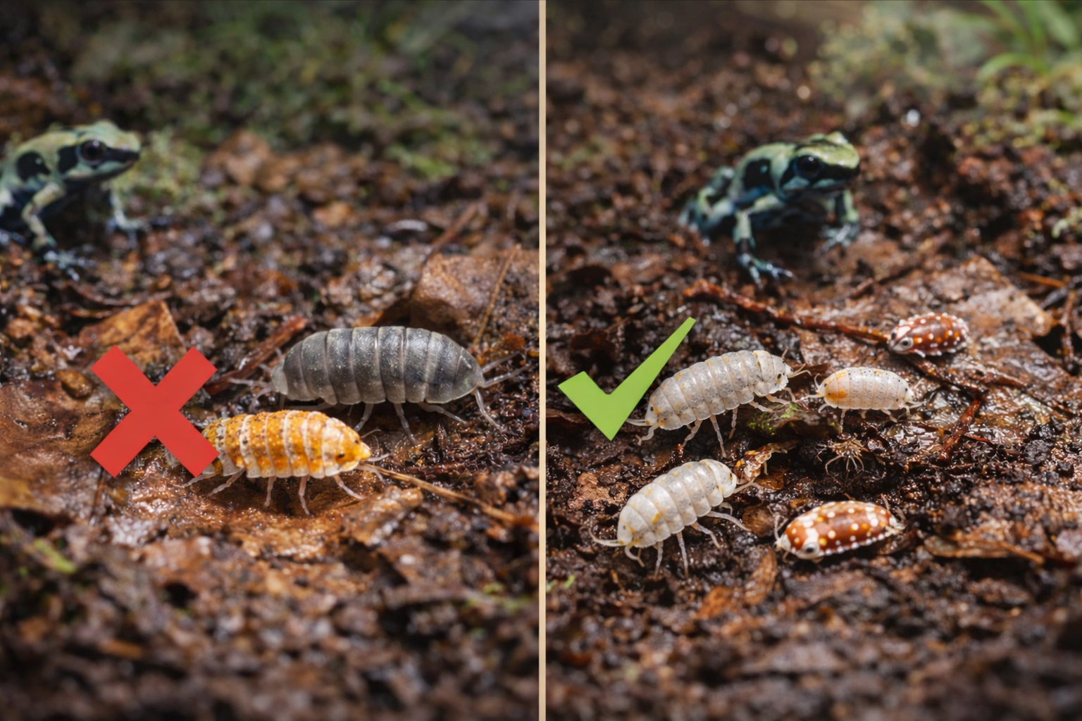 Comparison image showing isopods failing versus thriving in a dart frog bioactive vivarium setup.