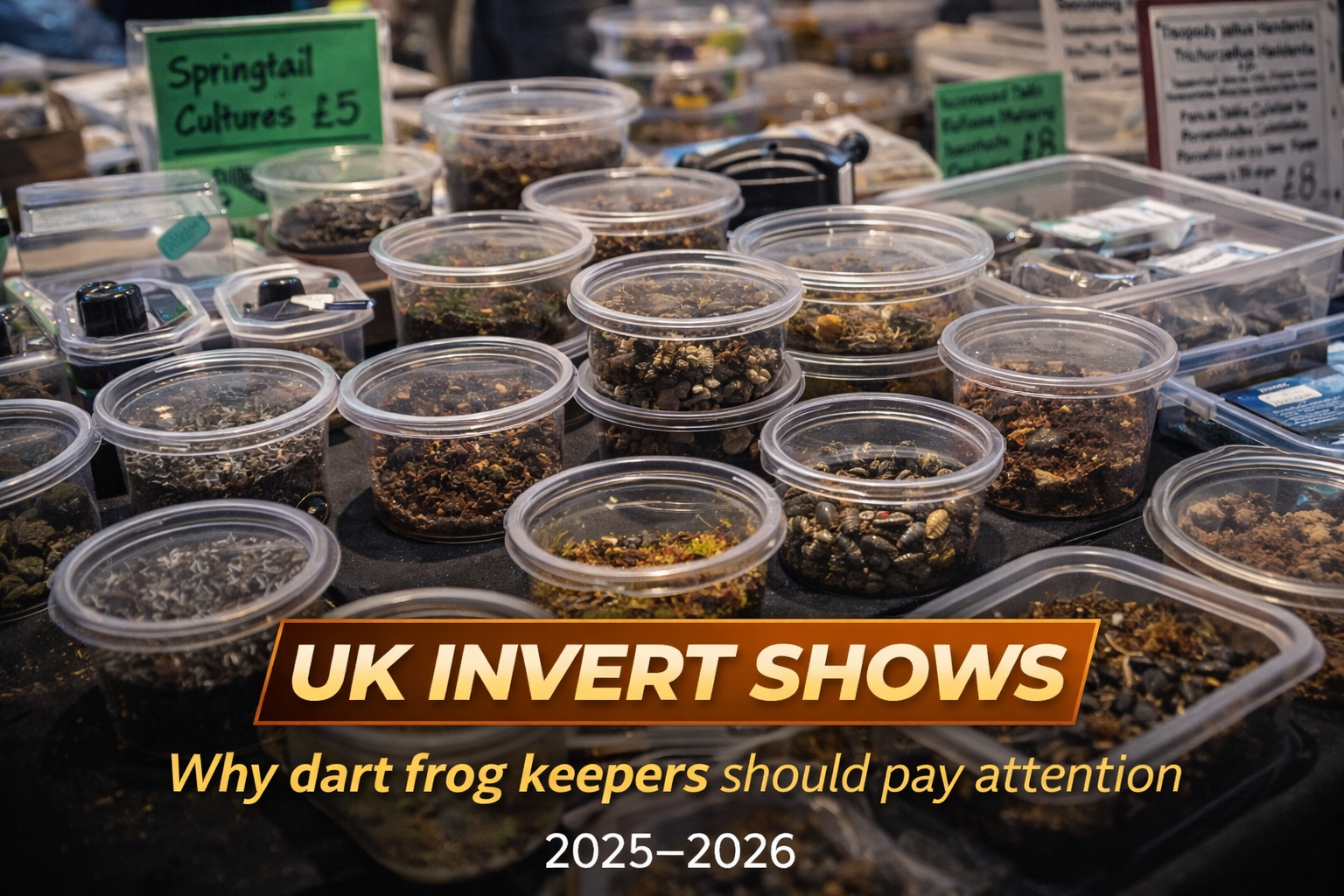 A selection of springtails, isopods, and microfauna cultures displayed at a UK invert show, highlighting why invert events matter for dart frog keepers