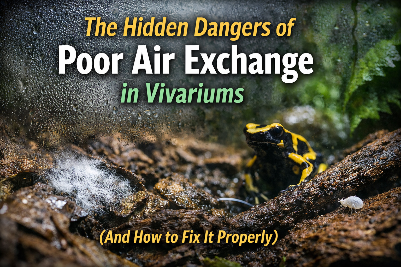 Dart frog in a humid bioactive vivarium showing condensation on glass and mould on leaf litter caused by poor air exchange.