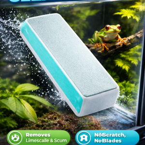 Glass Cleaner Pro vivarium glass cleaner removing limescale and algae from dart frog vivarium glass using scratch-free chemical-free cleaning tool