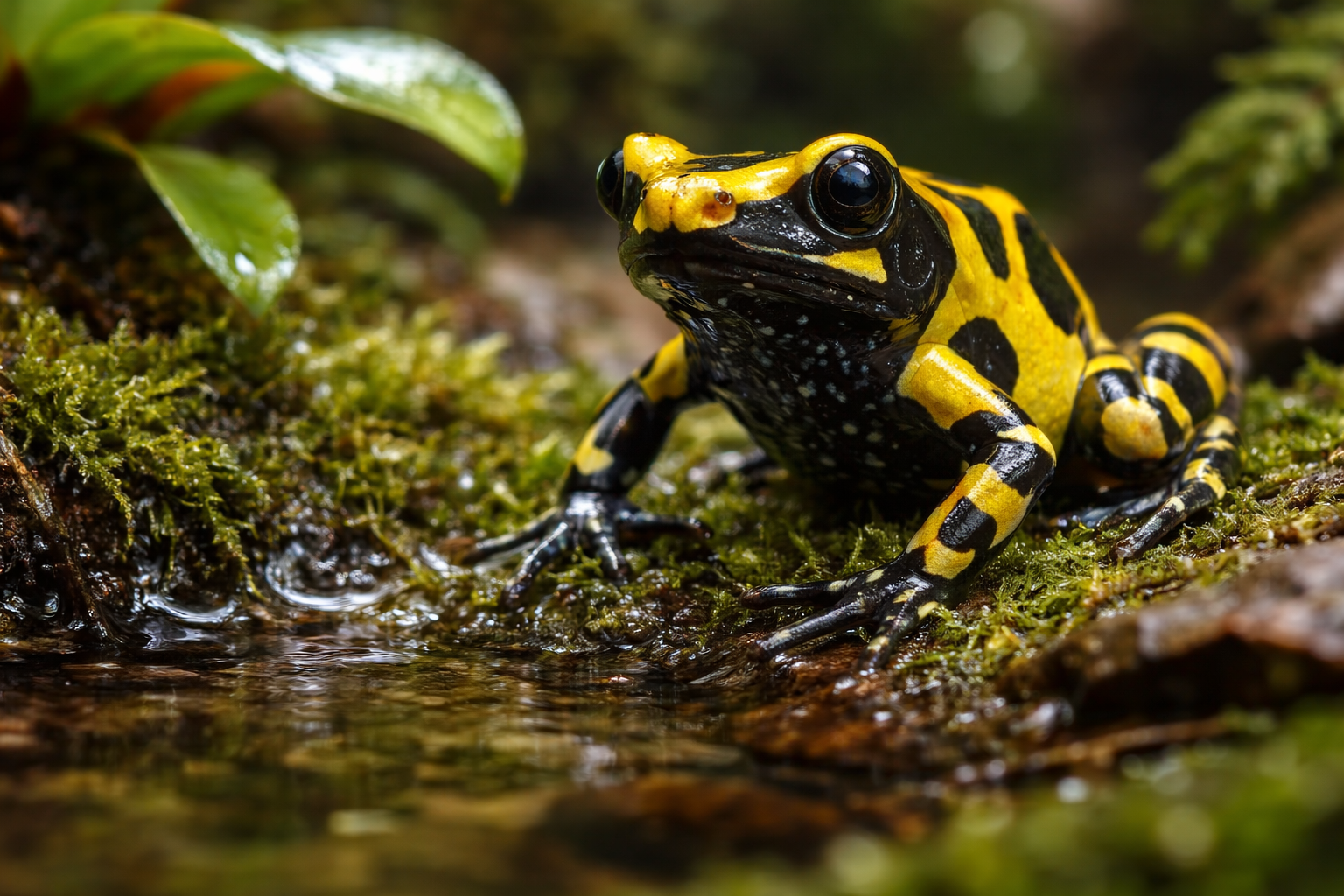 Poison dart frog standing beside shallow water in a planted vivarium illustrating frog drowning risk