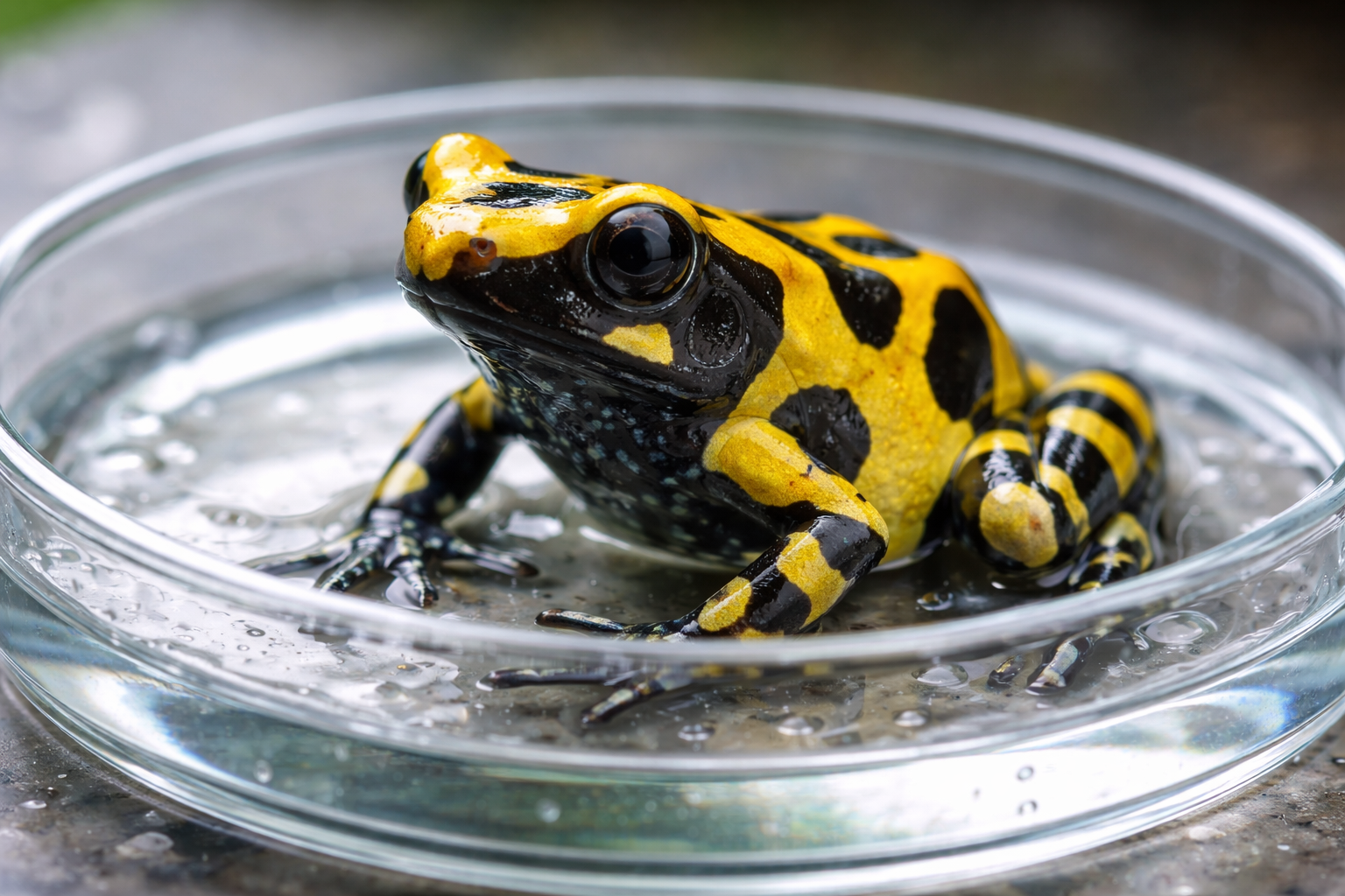 Poison dart frog sitting in a petri dish demonstrating how frogs absorb water through their skin