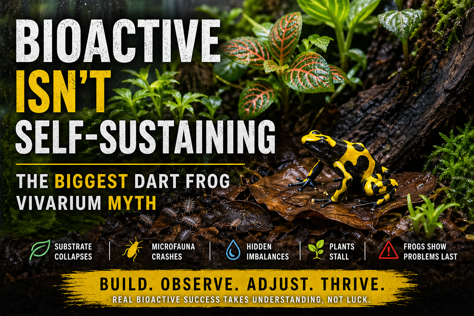 Bioactive dart frog vivarium myth explained with healthy yellow and black dart frog, lush tropical plants, leaf litter, and microfauna showing why bioactive setups are not truly self-sustaining