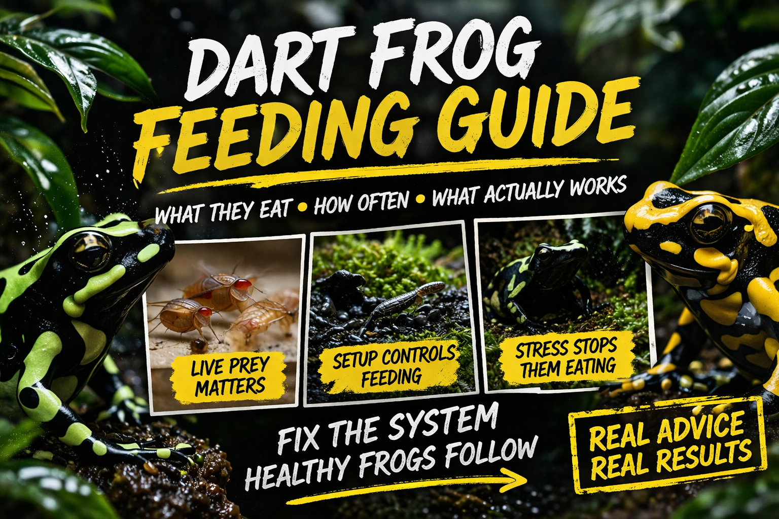 Dart frog feeding guide UK showing why frogs are not eating due to stress, setup issues and vivarium system problems