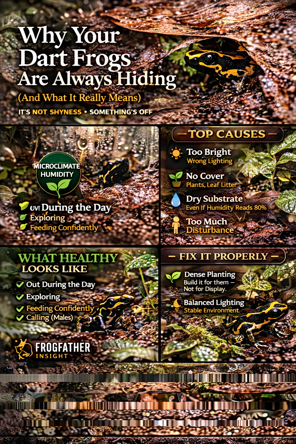 Dart frogs hiding in a bioactive vivarium showing dense planting, leaf litter cover and shaded microclimates