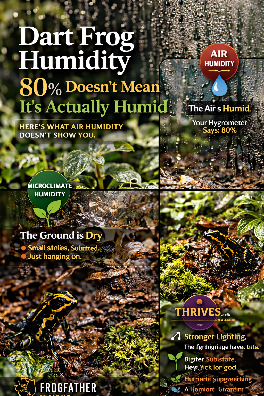 Dart frog vivarium humidity infographic showing microclimate moisture, substrate dampness, and condensation differences in a tropical bioactive setup