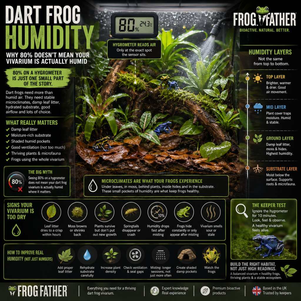 Dart frog humidity guide showing microclimates, leaf litter, substrate moisture and bioactive vivarium humidity layers