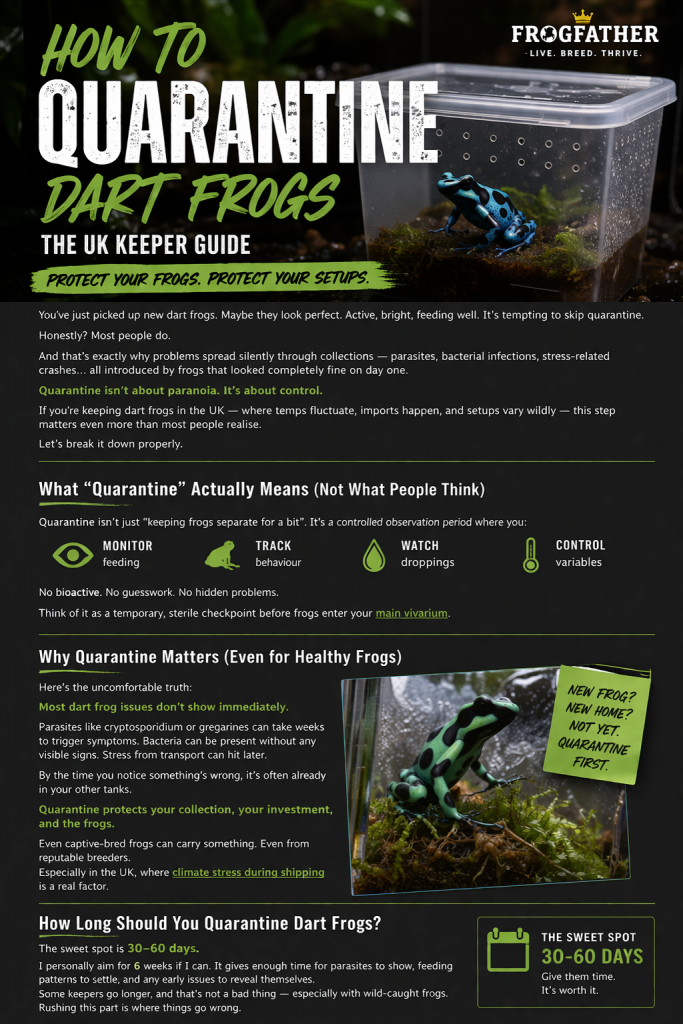 Blue poison dart frog in a quarantine tub with bold text reading How to Quarantine Dart Frogs, UK keeper guide