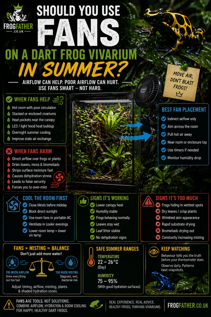 Infographic showing whether to use fans on a dart frog vivarium in summer with safe airflow and humidity balance