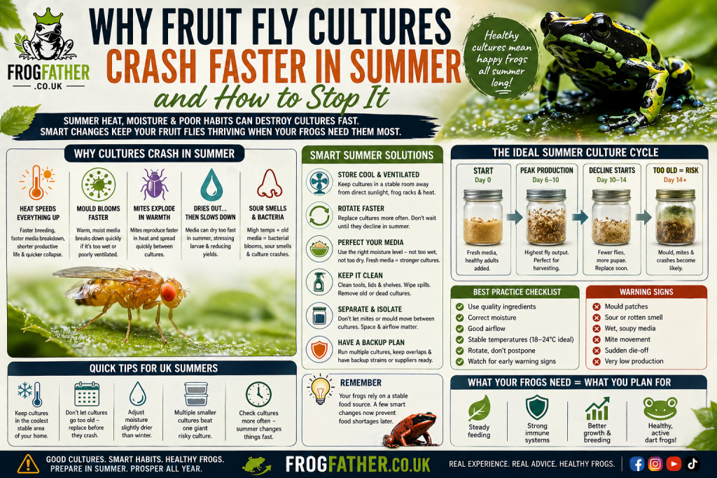 Why fruit fly cultures crash faster in summer infographic for UK dart frog keepers